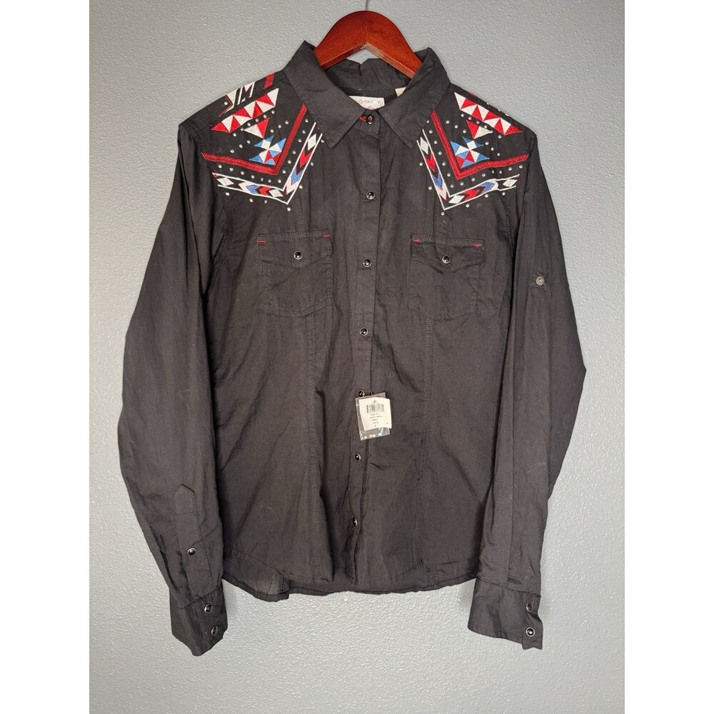 Panhandle Womens M Black Western Snap Shirt Cotton Embroidered Studded NWT
